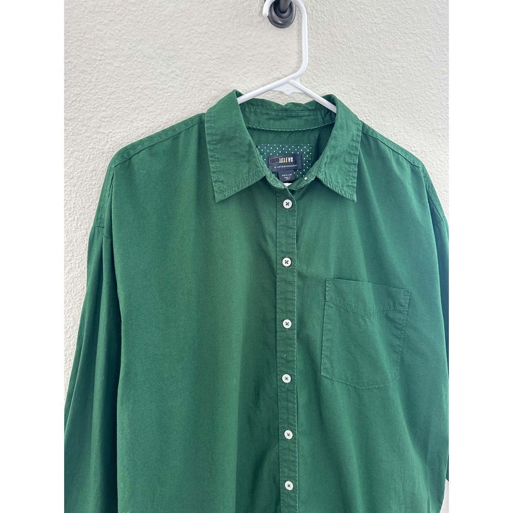Maeve Button Down Shirt Women Medium Green Cotton High Low Long Sleeve Pocket - Picture 3 of 8